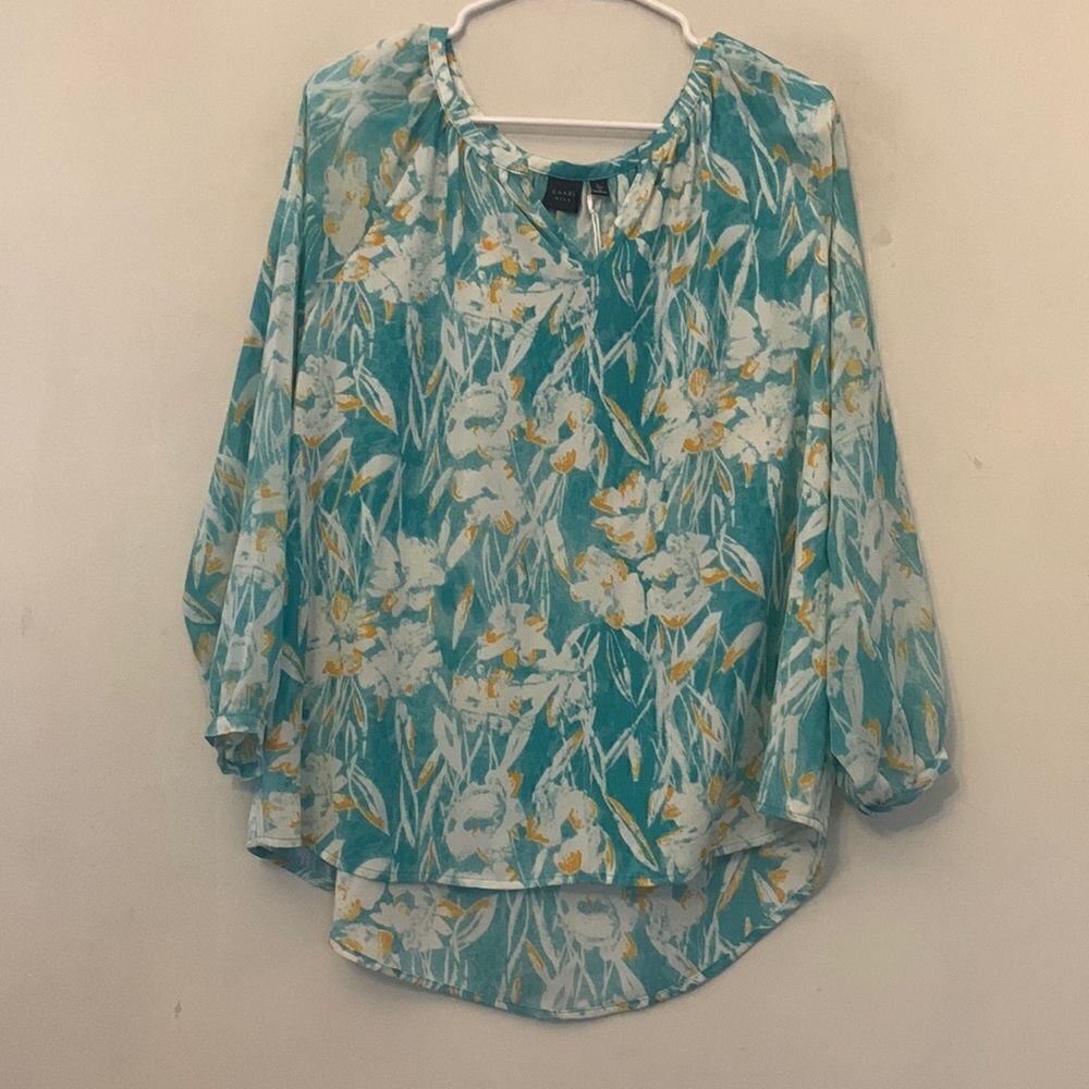 Kaari blue turquoise floral sheer sleeve blouse Size L New